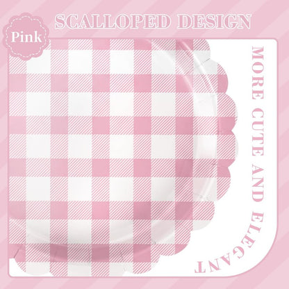 175 PCS Pink Gingham Party Supplies Includes Pink Gingham Paper Plates, Cups, Napkins, Cutlery for Baby & Bridal Shower, Wedding, Birthday Party, Outdoor Picnic, Serves 25