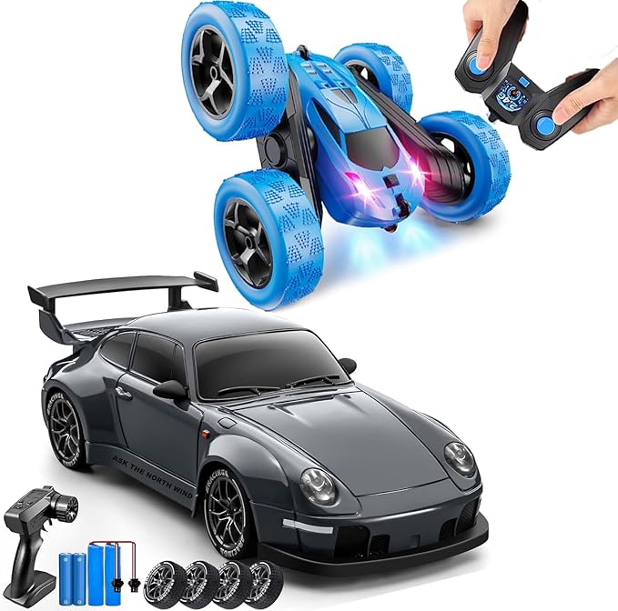 2 Pack RC Drift &amp Stunt Cars1:24 Scale Remote Control Car 4WD High Speed RC Drift &amp Stunt Car with LED Lights 360° Flips 2.4GHz 20KM/H USB-C Batteries Gift for Adults Boys and Girls