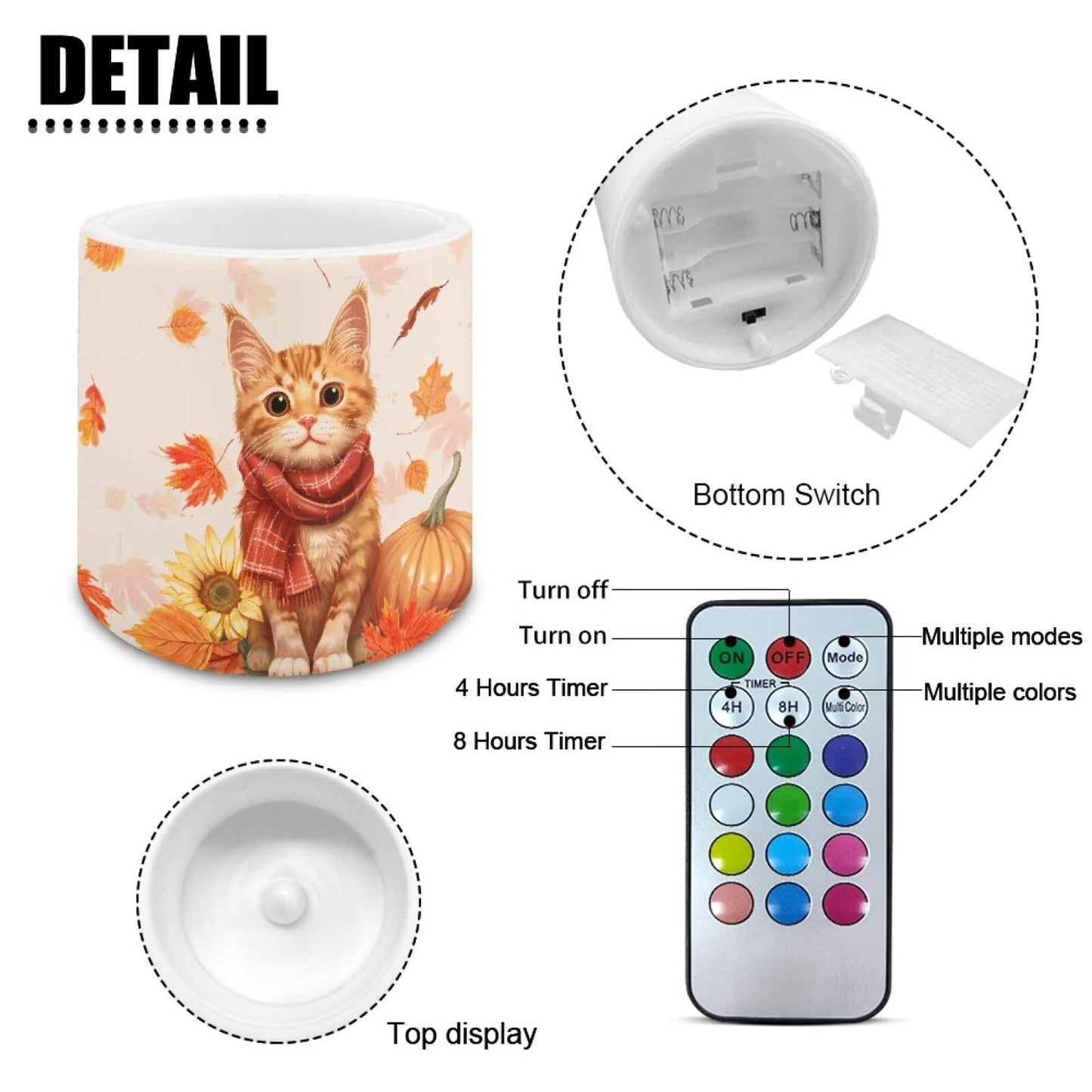Cozeyat Autumn Cat Flameless Candles 4 Pack Battery Operated with Remote Control Timer LED Pillar Candles Waterproof for Indoor Outdoor Decor