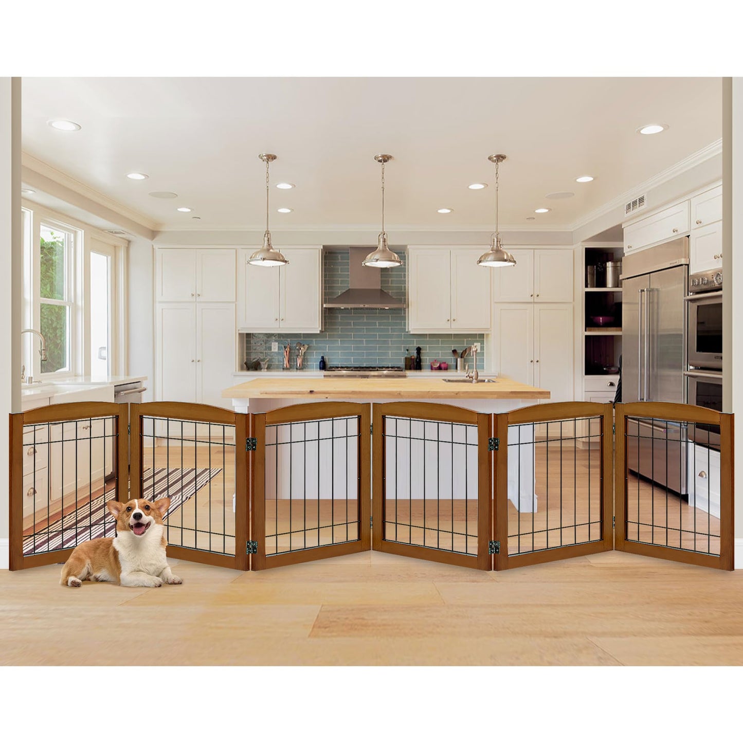 LZRS 6-Panel Extra Wide Wooden Freestanding Dog Gate: Foldable Solid Wood and Steel Wire Chew Resistant Safety Barrier for Doorways, Stairs, and Open Long Spaces Indoor Use, Cherry