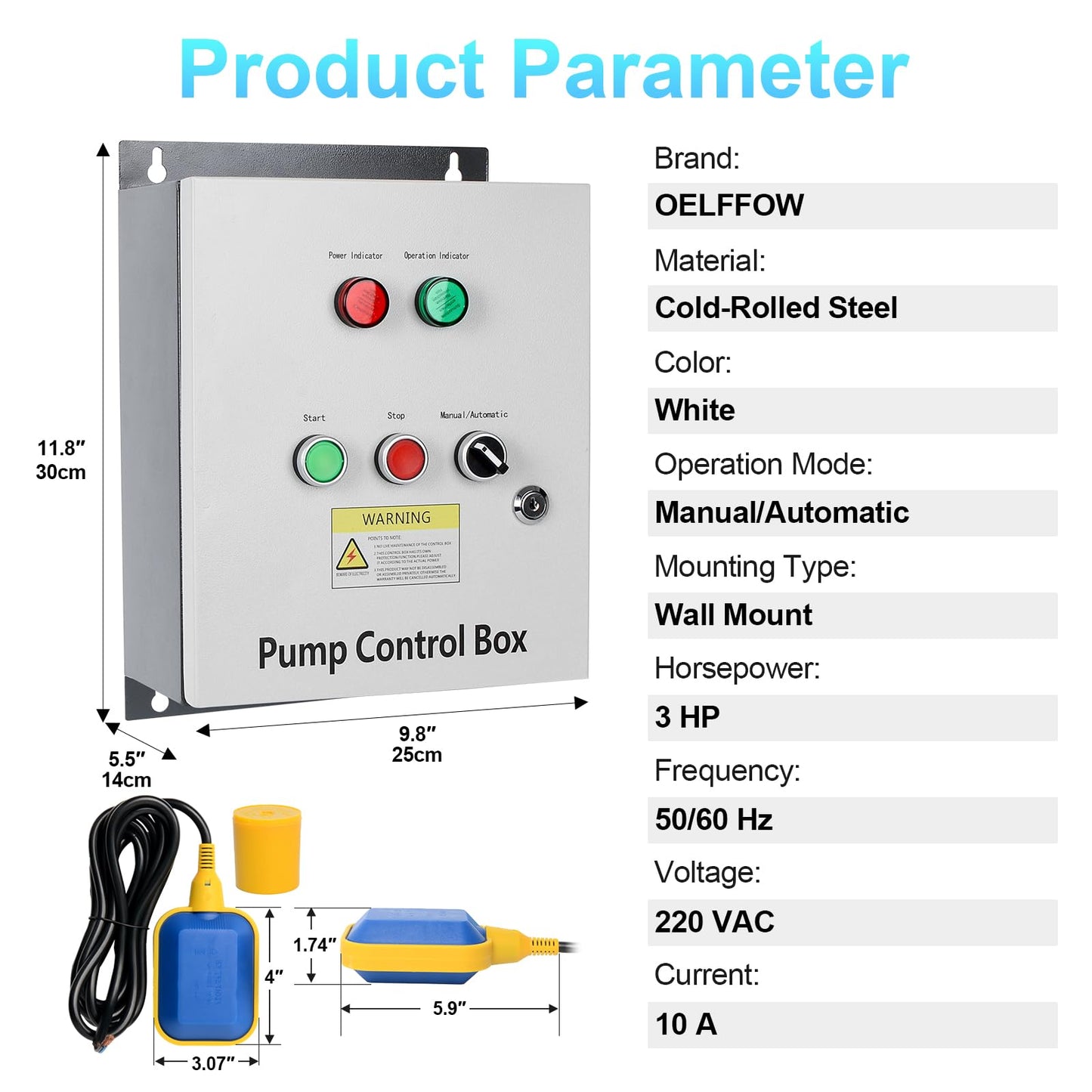 3 HP Well Pump Control Box, 220V 10A Three-Phase, with AC Contactor, Safe & Reliable for Submersible Well Pump, Manual/Automatic Dual Operating Modes, Start/Stop Device with Float Switch