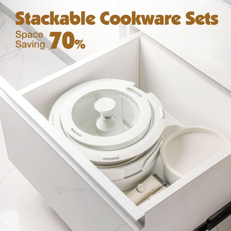 SENSARTE 13 Piece Pots and Pans Set, Nonstick Detachable Handle Cookware, Induction Kitchen Cookware Set with Removable Handle, Healthy Non Stick for RV, Dishwasher ＆ Oven Safe (White)