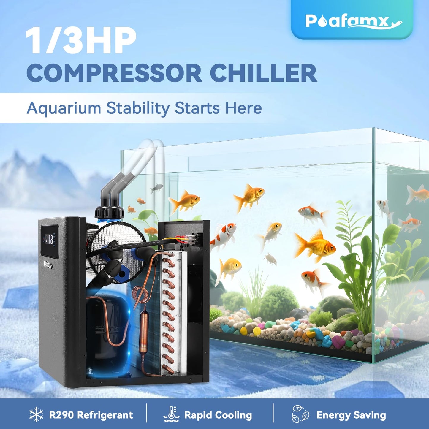 Poafamx Aquarium Chiller 1/3 HP, 79Gal Water Chiller with Upgraded LED Display, Water Pump and Pipe, Quiet Aquarium Cooler for Fish Tank Axolotl Coral Hydroponics System
