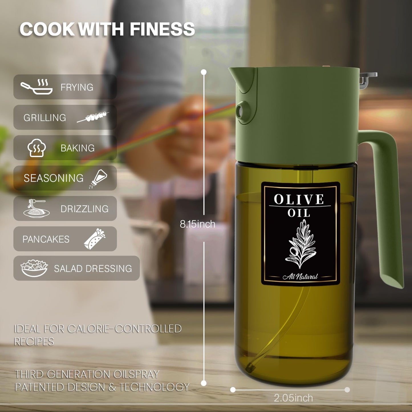 2-IN-1 500ml/17oz Light-Blocking Dark Oil Sprayer for Cooking with Sticker, Dark Green Glass Olive Oil Dispenser Bottle for Kitchen, Even Spray with Portion Control, Perfect for Air Fryer, BBQ - Black