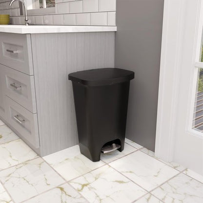 Glad Premium 13 Gallon Trash Can - Plastic Kitchen Waste Bin with Odor Protection of Lid, Stainless Steel Step On Foot Pedal and Garbage Bag Rings, Black
