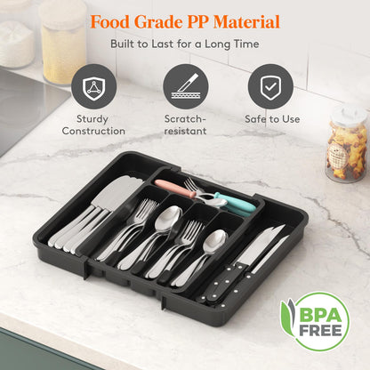 Lifewit Silverware Drawer Organizer, Expandable Utensil Tray for Kitchen, BPA Free Flatware and Cutlery Holder, Adjustable Plastic Storage for Spoons Forks Knives, 8.5"-14.1" x 12.1", Black