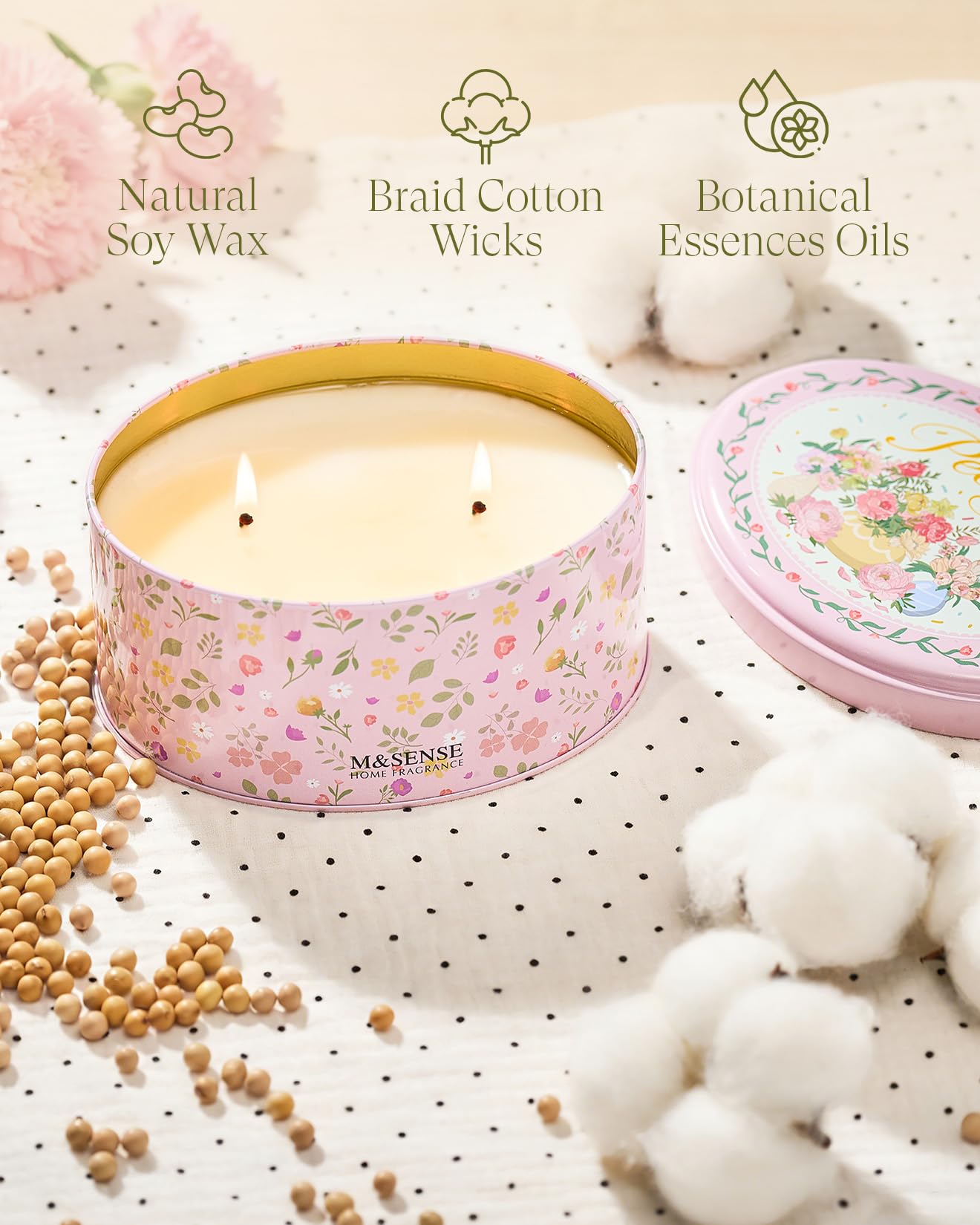 M&SENSE Dual-Wick Peony Scented Candle 12oz,2 Wick Spring Soy Candles,Mother's Day Candle, Natural Soy Wax for Home Scented, Floral Scented Birthday Gift for Her Women