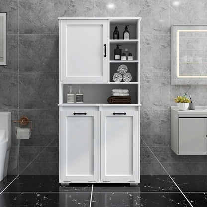 Tall Laundry Cabinet with Double Tilt Out Laundry Hamper, Freestanding Floor Bathroom Cabinet with 12 * 2 Gallon Laundry Storage Basket for Bathroom, Kitchen, White