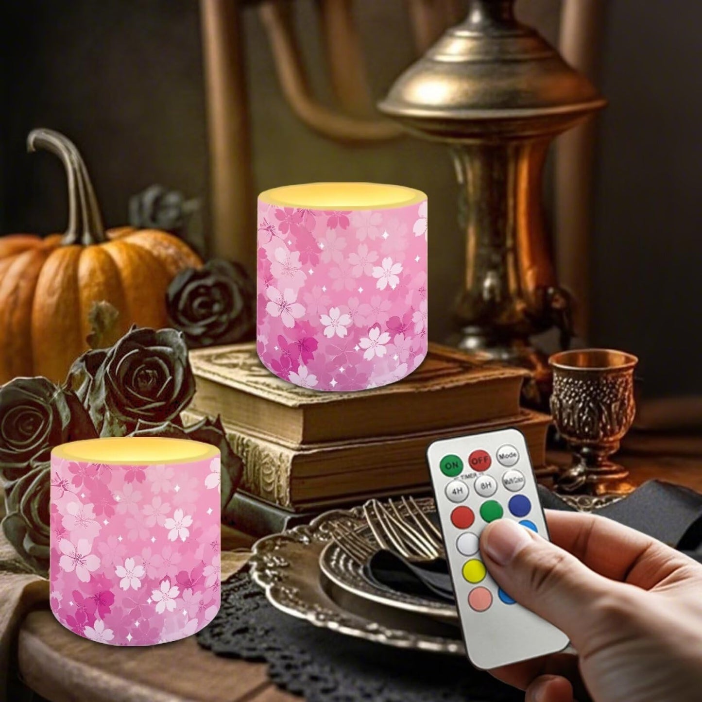 Cozeyat Pink Blossom Flameless Candles 4 Pack Battery Operated with Remote Control Timer LED Pillar Candles Waterproof for Indoor Outdoor