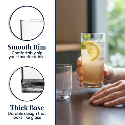 US Acrylic Classic Clear Plastic Reusable Drinking Glasses (Set of 8) 12oz Rocks & 16oz Water Cups | BPA-Free Tumblers, Made in USA | Top-Rack Dishwasher Safe