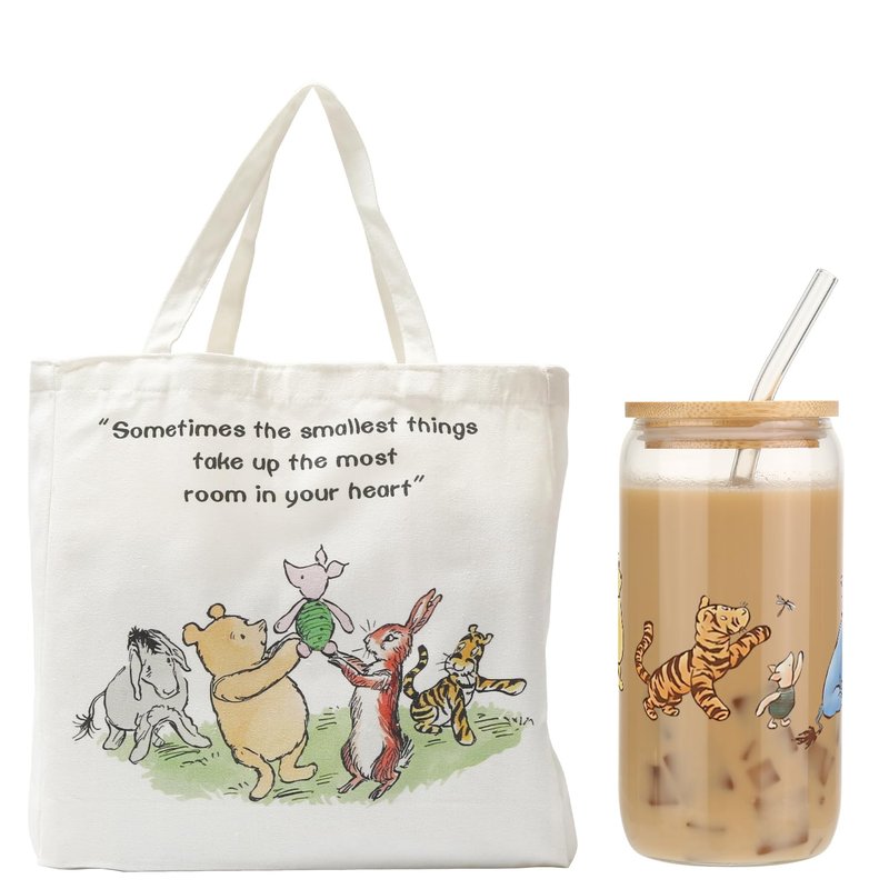 MRYAWXBK Pooh Bear Gifts for Women Friends, Pooh Bear Inspirational Canvas Tote Bag 16oz Iced Glass Cup Friendship Gift Set Gifts for Best Friends