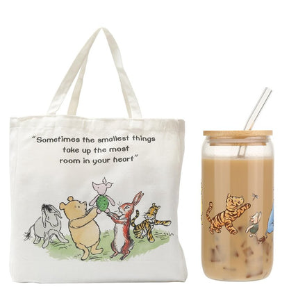 MRYAWXBK Pooh Bear Gifts for Women Friends, Pooh Bear Inspirational Canvas Tote Bag 16oz Iced Glass Cup Friendship Gift Set Gifts for Best Friends
