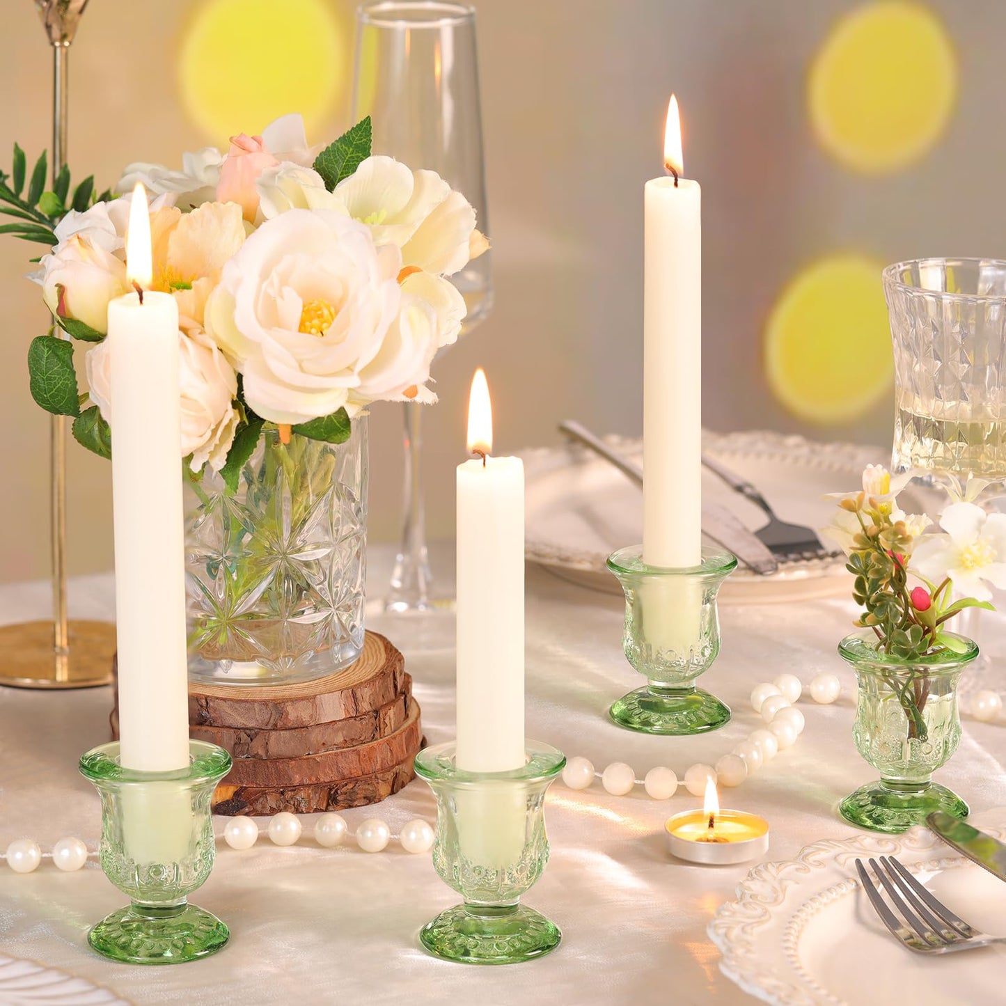 sunnyfuture 10pcs Green Candlestick Holders, Glass Taper Candle Holders for Table Centerpiece Decor, Wedding, Birthday, Gift
