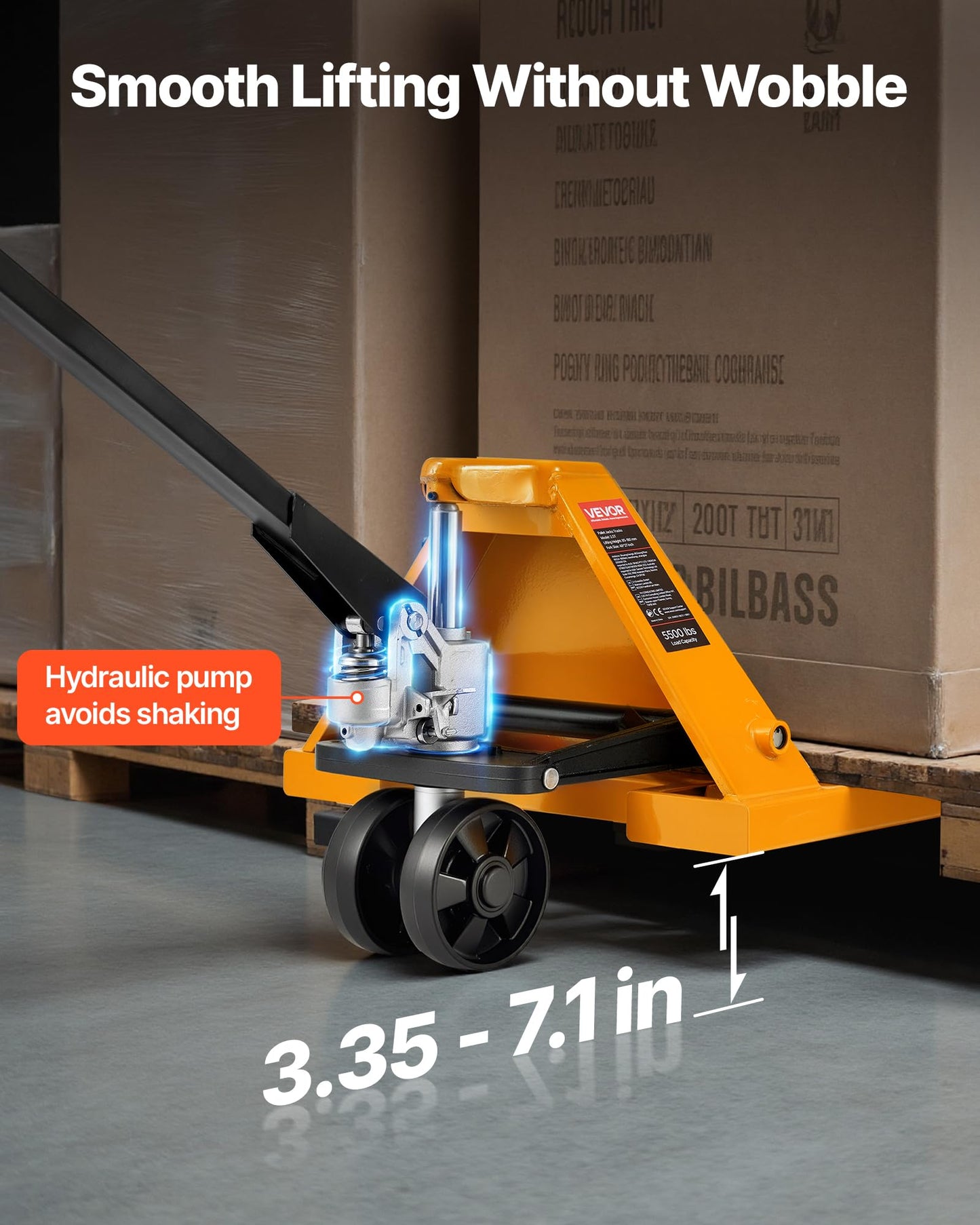 VEVOR Pallet Jack, 5500 lbs Load Capacity, Manual Pallet Truck with 48L x 27W Inch Forks for Material Handling, 3.35-7.1 Inch Fork Lift Height Range, Suitable for Warehouse, Supermarket, Manufacturing