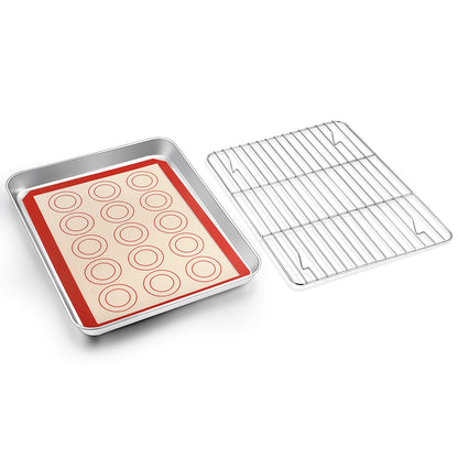 TeamFar Toaster Oven Pan, 12.4’’ x 9.7’’ x 1’’ Stainless Steel Baking Pan Tray Cooling Wire Rack with Silicone Mat Set for Cooking Use, Healthy & Sturdy, Oven & Dishwasher Safe, Set of 3