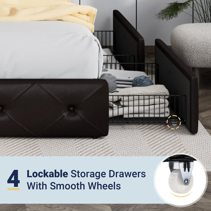 Allewie Upholstered King Size Platform Bed Frame with 4 Storage Drawers and Headboard, Diamond Stitched Button Tufted, Mattress Foundation with Wooden Slats Support, Black Brown