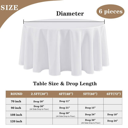 Fitable 6 Pack White Tablecloths for Round Tables - 108 Inches in Diameter - Stain Resistant and Washable Table Clothes, Polyester Fabric Table Covers for Wedding, Party, Banquet, Formal Events