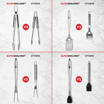 Alpha Grillers Grilling Accessories | BBQ Tool Set with Spatula, Fork, Brush & Tongs - Perfect Gifts for Men