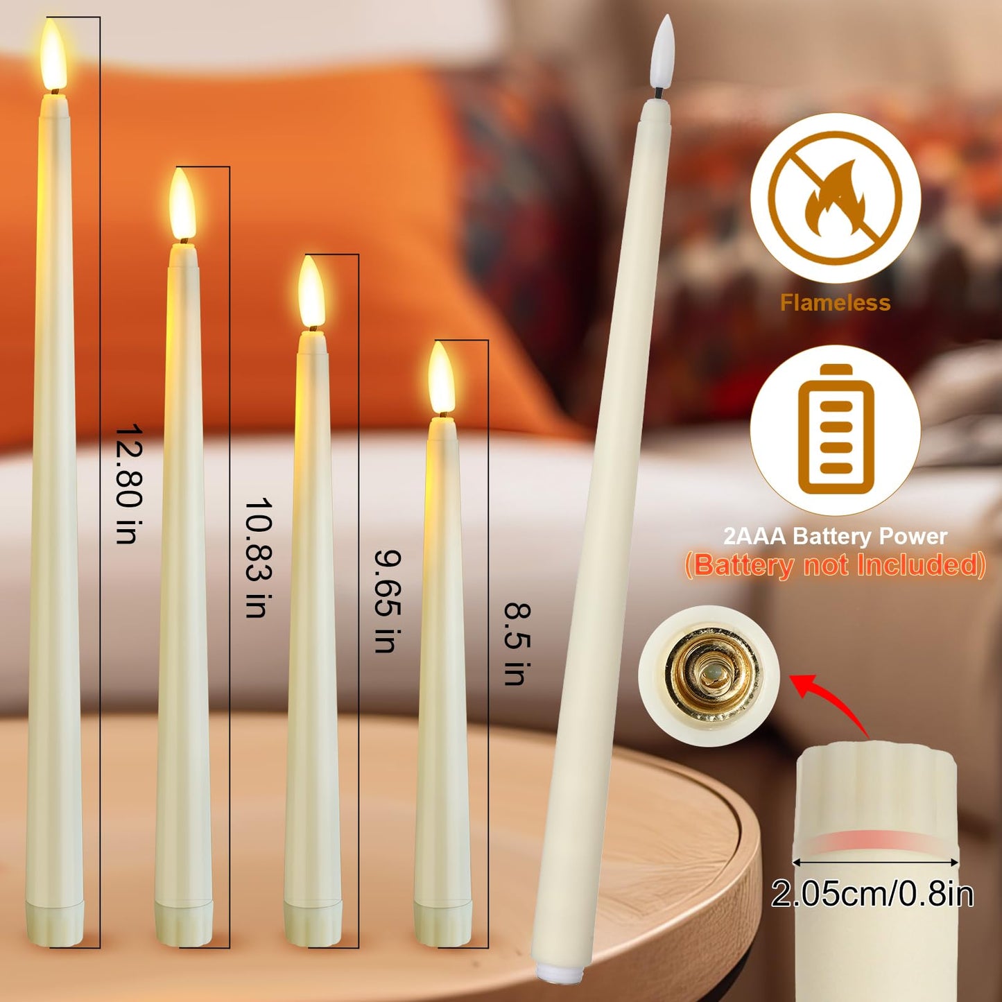 Rossesay 24 Pcs Flameless LED Taper Candles Battery Operated Candle 8.5", 9.65", 10.8", 12.8" Flameless Candlesticks Flickering for Christmas Church Wedding Indoor Decoration(Classic, Ivory)
