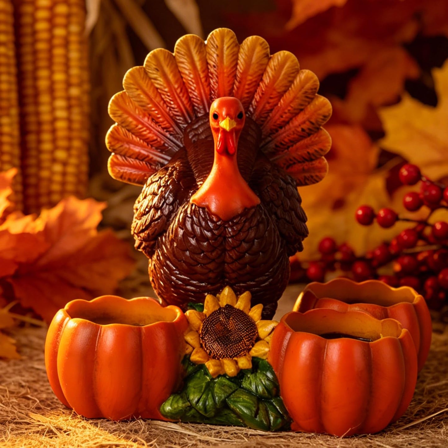 Thanksgiving Turkey Tealight Candle Holder with 3 Pumpkin & Sunflower Decor, Thanksgiving Table Centerpieces Autumn Votive Candle Holder Turkey Figurine for Fall Home Decor