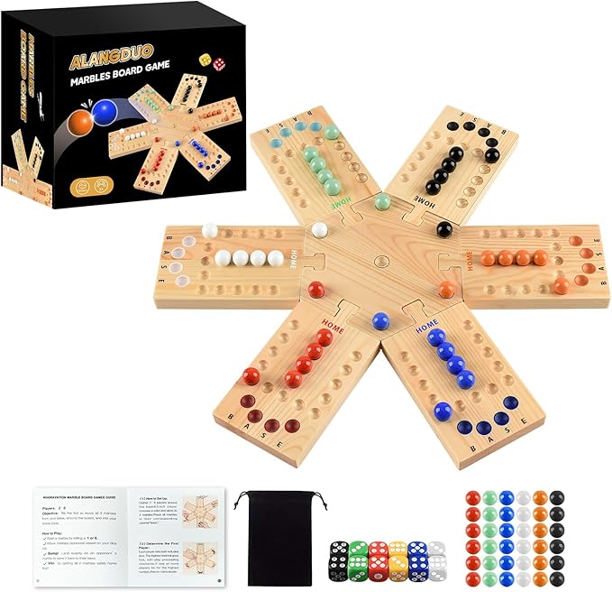 Deeper Holes &amp Larger Marbles Original Wooden Marble Board Game Portable for 2-6 Players Wahoo Game with 36 Marbles &amp 12 Dice for Family Friends Party Travel and Camping