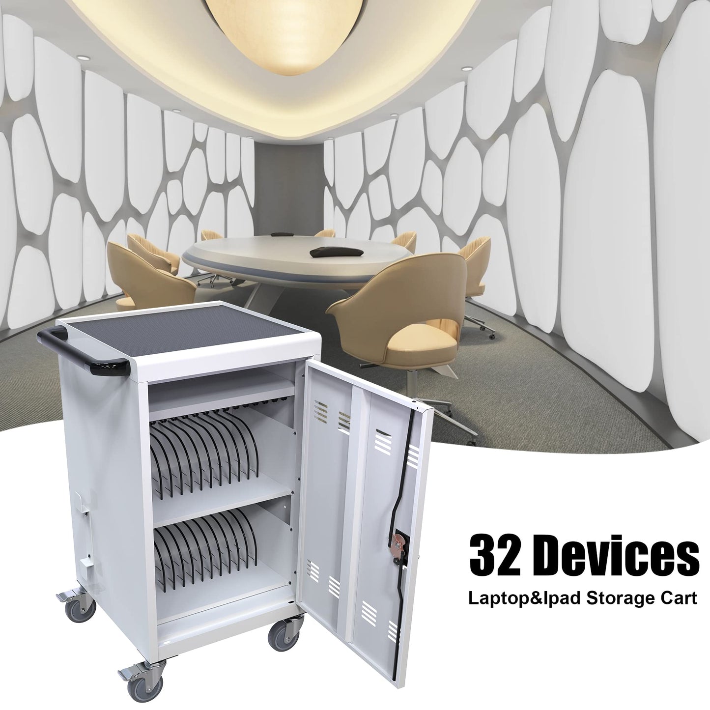30 Device Mobile Charging Cart, Laptop Charging Cabinet, Mobile Cart, Locking Front and Rear Doors, Surge Protection, Easy Cable Management, Screen Size Up to 16.3 Inch for Classroom, Office White