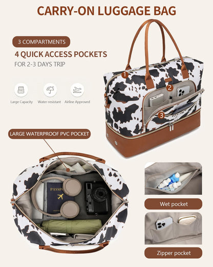 CLOKARS Weekender Bags for Women, Travel Duffle Bag Carry On Overnight Bag with Cosmetics Bag and Crossbody Purse for Gym Hospital, Gifts for Women, Cow Print Brown