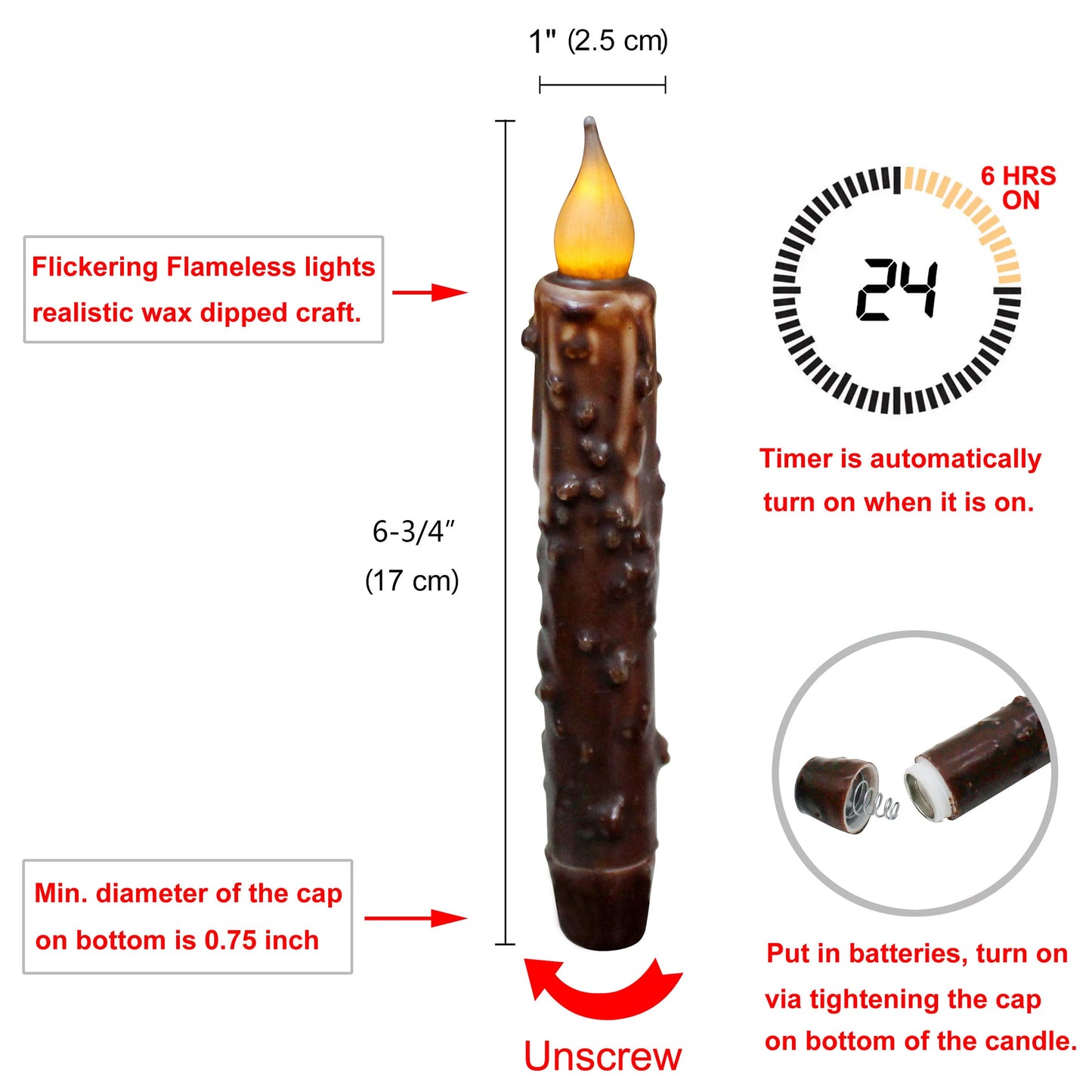 CVHOMEDECO. Real Wax Hand Dipped Battery Operated LED Timer Taper Candles Rustic Primitive Flameless Lights Décor, 6-3/4 Inch, Brwon, 6 PCS in a Package