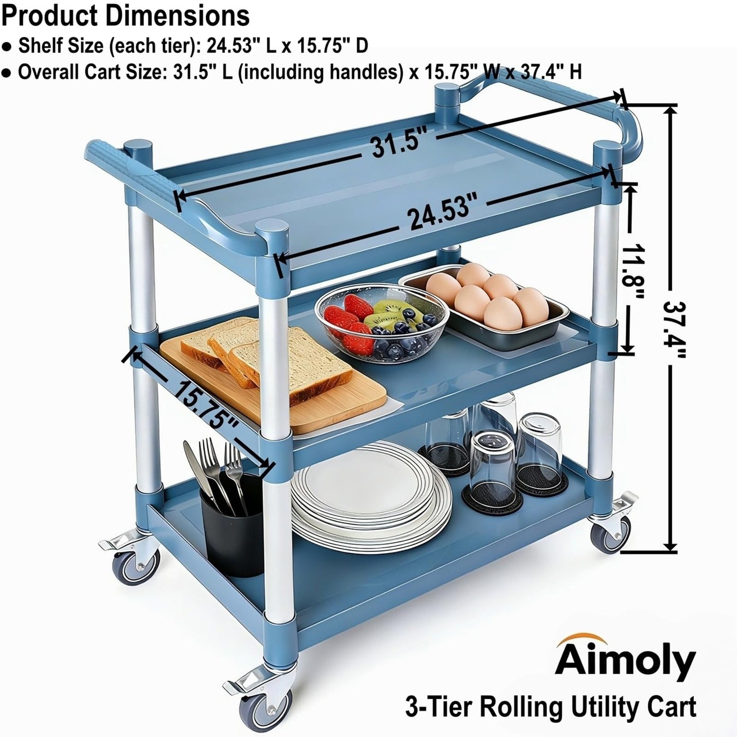 Aimoly 3-Tier Rolling Utility Cart on Wheels, 510 lbs Capacity Utility Service Cart, Commercial Kitchen Cart with 4 Lockable Swivel Casters for Restaurant/Home/Warehouse/Office (31.5X 15.75x 37.4 in)