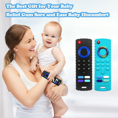 ROBBEAR Baby Teething Toys, Food Grade Silicone Teethers for Babies 3 6 12 18 Months, Fire TV Remote Shape Infant Chew Toys for Boys and Girls, Freezer BPA Free (Black+Black)