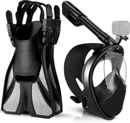 Odoland Snorkeling Packages, Full Face Snorkel Mask for Adults & Youth with Camera Mount, Adjustable Swim Fins, Anti-Fog Anti-Leak Diving Gear for Men Women Teens, Black, L/XL