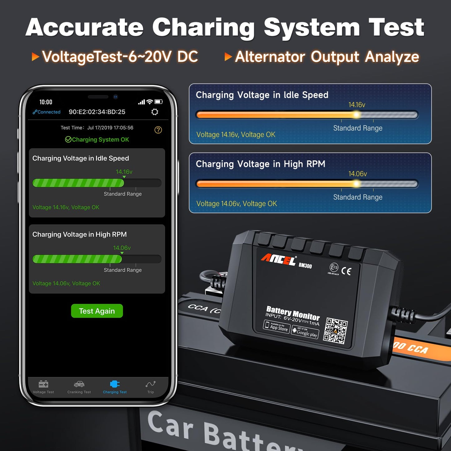 ANCEL BM300 12V Battery Monitor, Bluetooth 4.0 Automotive Voltmeter with Charging, Cranking System Test & Alarm - Compatible for Solar Power Systems, RVs, Motorcycles, Boats, Cars, and Trucks