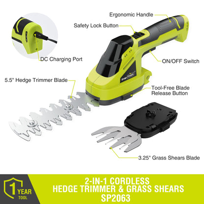 SnapFresh Cordless Grass Shear Bush Trimmer, 2 in 1 Handheld Hedge Trimmer, 7.2V Electric Grass Trimmers, Lightweight Shrubbery Trimmers Battery & Charger Included, Shrub Trimmer for Garden(Green)