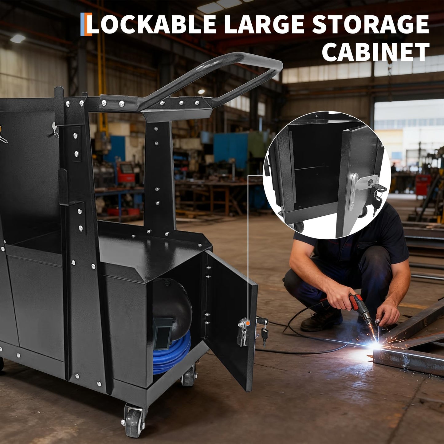 Welding Cart with Large Cabinet,Heavy Duty Rolling Welder Carts with 360 Swivel Wheels and Hooks for MIG MMA TIG Welding Machine and Plasma Cutter Tank