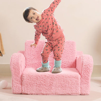 MOMCAYWEX Kids Sofa, 2-in-1 Flip-Out Foam Couch with Soft Sherpa Cover, Cozy Play Lounge Chair, Pink