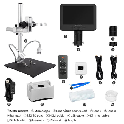 Andonstar AD246S-M HDMI Digital Microscope 2000x for Adults, 3 Lens 2160P UHD Video Record, 7 Inch LCD Soldering Microscope for Electronics Repair, Error Coins, Pro Boom Arm Stand, Windows Compatible