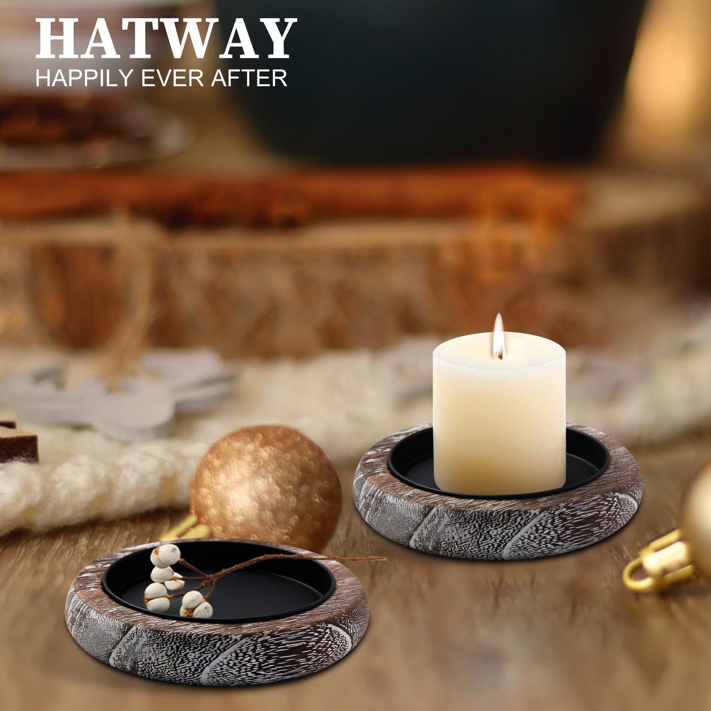 Hatway Wood Candle Holder Farmhouse Decor Wooden Pillar Candles Tray for Table Centerpiece Small Decorative Tray Riser Round Wooden Plate Pedestal Stand for Coffee Table for Christmas Decor-Bai-4