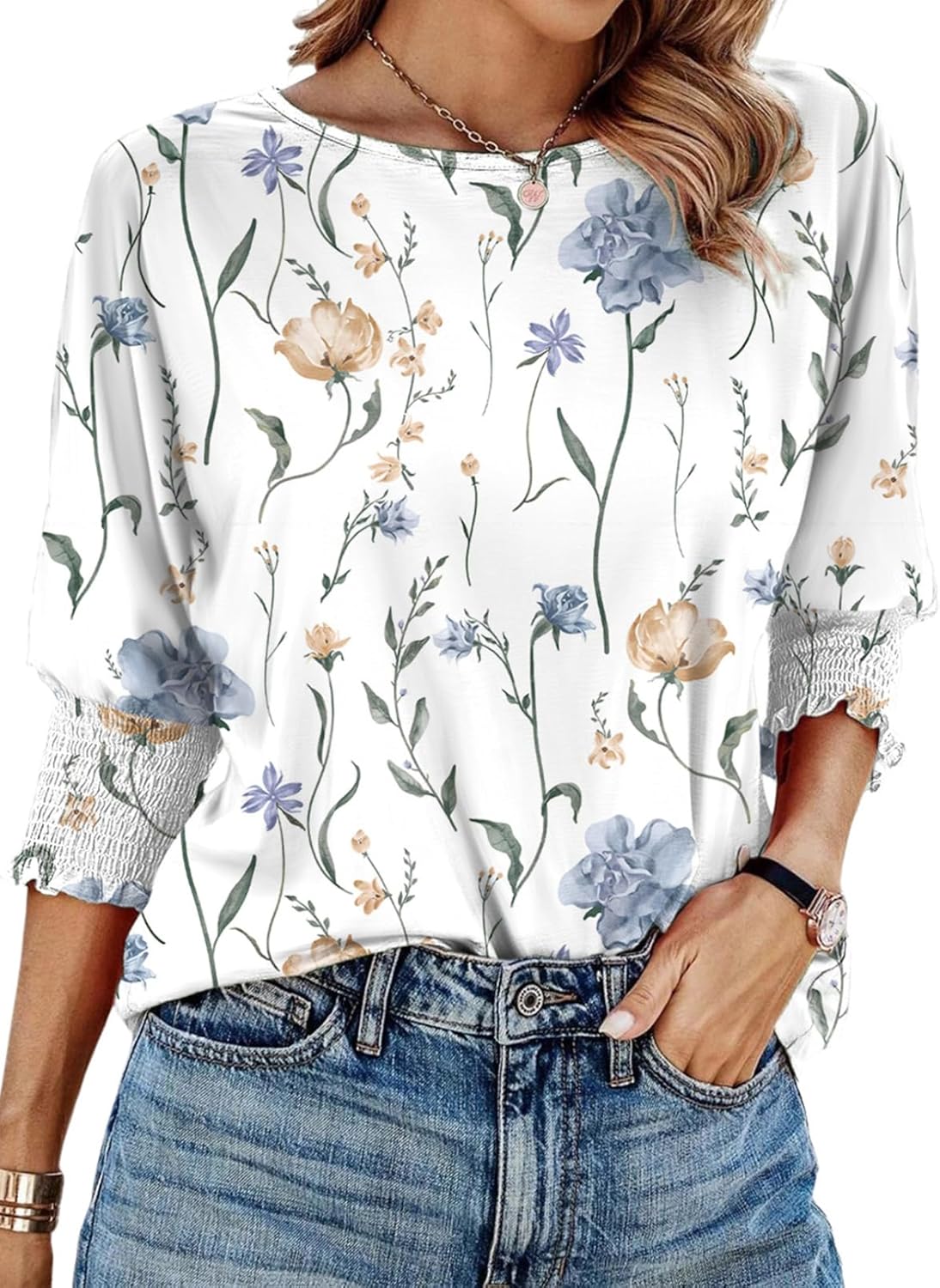 Dokotoo Women's 2025 Fashion Tops 3/4 Sleeve T-Shirts Cute Crewneck Basic Business Tees Blouses