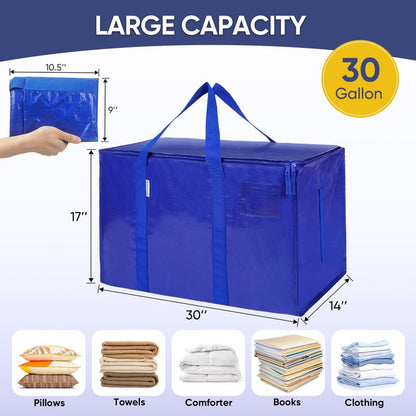 TICONN 6 Pack Extra Large Moving Bags with Zippers & Carrying Handles, Heavy-Duty Storage Tote Moving Boxes for Space Saving (6 PK, 30 Gallon)