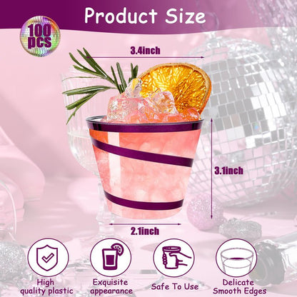 100Pcs 9 oz Rimmed Swirl Purple Plastic Cups - Disposable Clear Drinking Cups for Halloween, Christmas, Wedding and Party Supplies - Cocktail Wine Glasses (Purple)