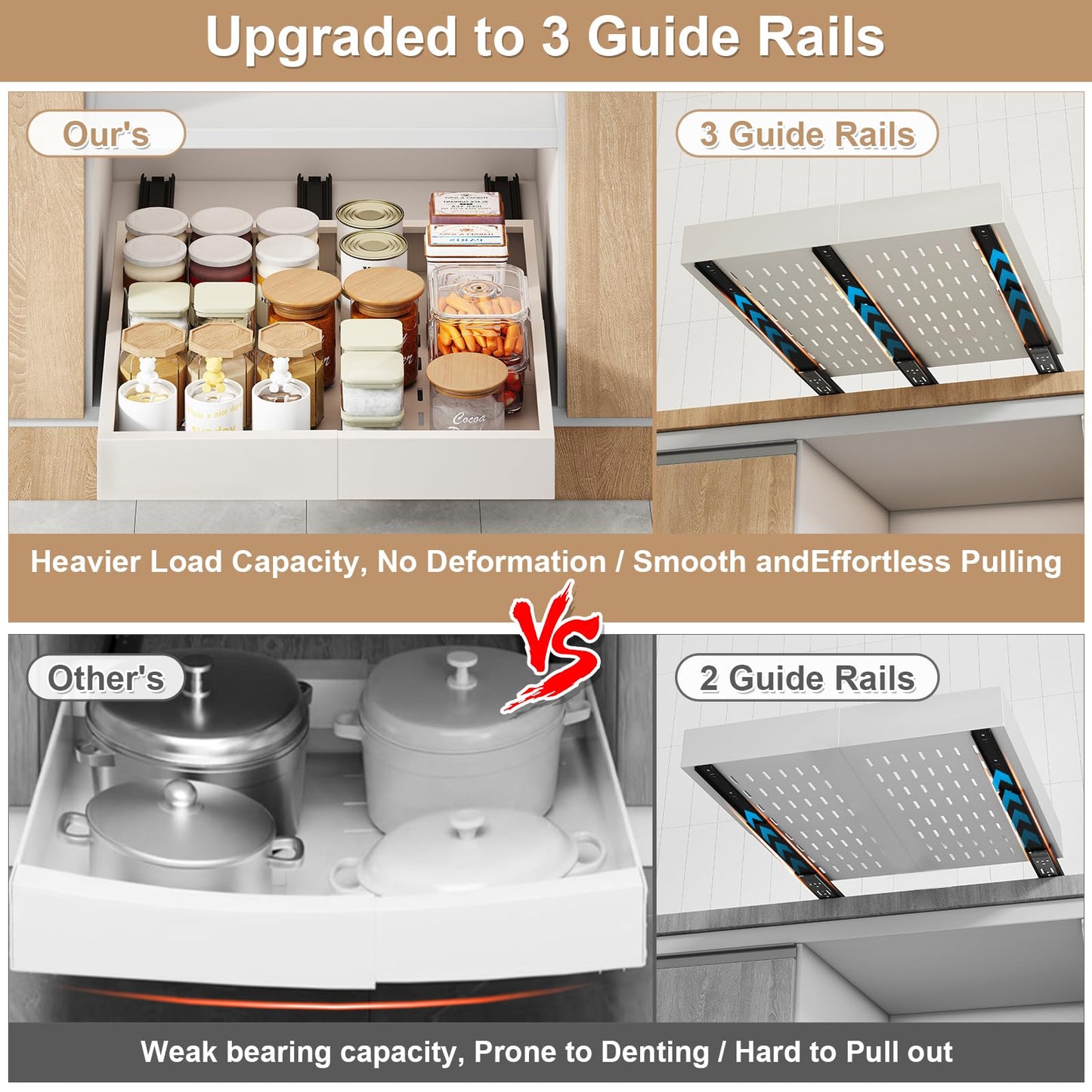 Pull out Cabinet Organizer,Expandable Width(11"-16"),Depth(17"-24") with 3 Rails,Roll out Drawers,No Drill Adjustable Slide out Shelves for Kitchen,Pantry,for Both Lip and Lip-Free Cabinets,White(1PC)