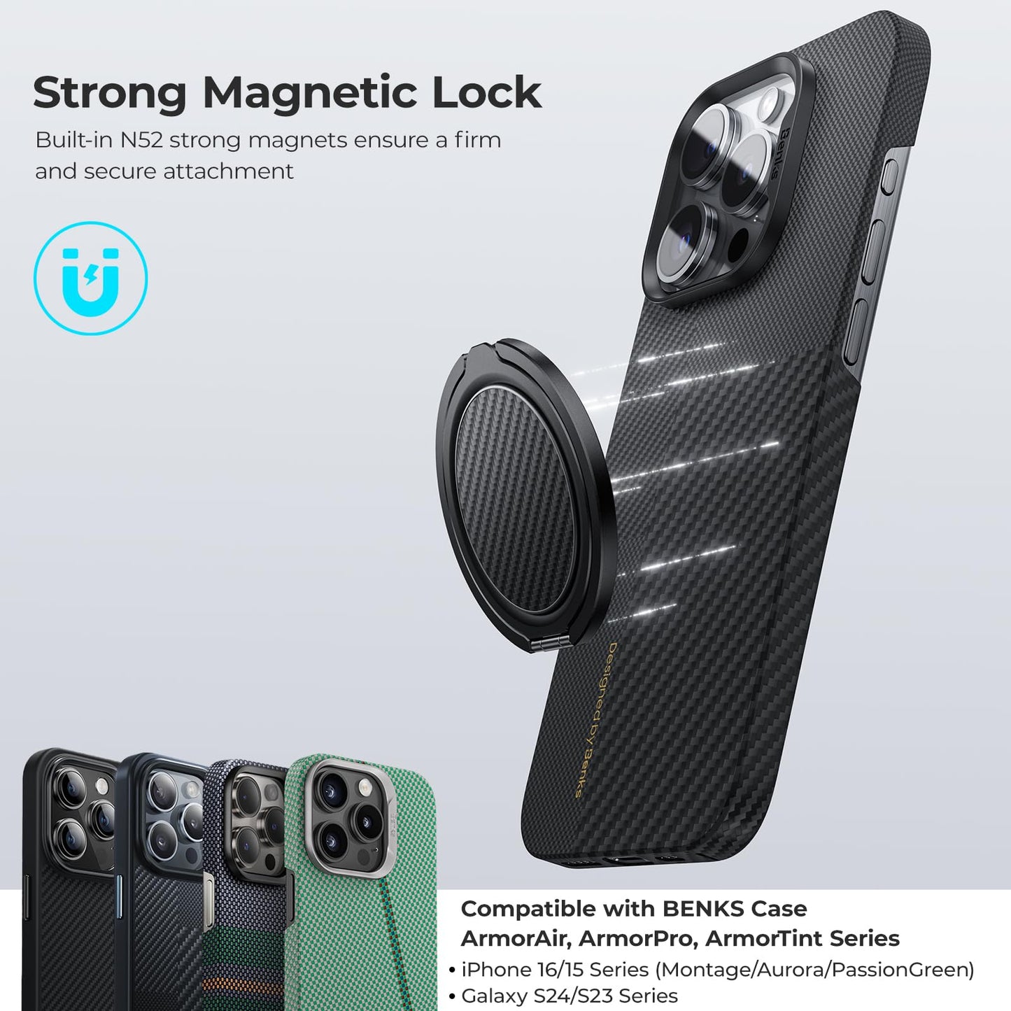 BENKS ArmorPop Magnetic Phone Grip & Stand for MagSafe, 360° Rotation Adjustable Phone Ring Holder for iPhone 17/16/15/14/13/12 Series, Durable Kevlar Design