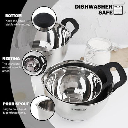 Hillbond Stainless Steel Mixing Bowls Set - 3 Bowls with Lids, Pour Spout & Non-Slip Bottoms | Black