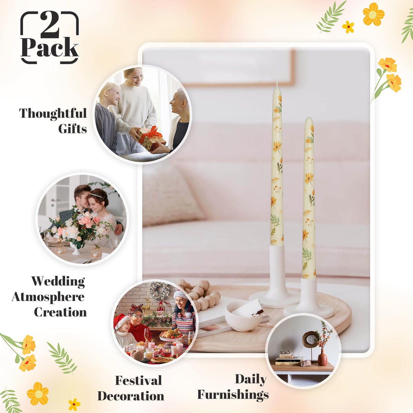 Taper Candles 10 Inch Print Candle Handmade Unscented Grass Iris Long Candles 2 Pack Twisted Candlesticks for Wedding Home Decoration Gifts