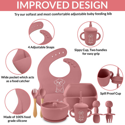 ASYTTA Silicone Baby Feeding Set – 6 Piece BPA-Free Baby Led Weaning Supplies – Toddler Eating Essentials with Baby Bib, Suction Plate, Suction Bowl, Sippy Cup, Forks, & Utensils | 6+ Months (Pink)