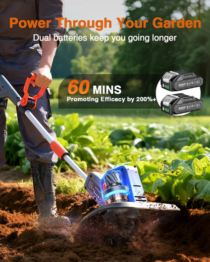Cordless Tiller Cultivator for Gardening, 360 RPM Electric Garden Rototiller with 48 Steel Tines, 9 Inch Tilling Width & 7 Inch Depth, 21V Battery Powered Small Tiller for Soil/Cultivating/Lawn/Garden