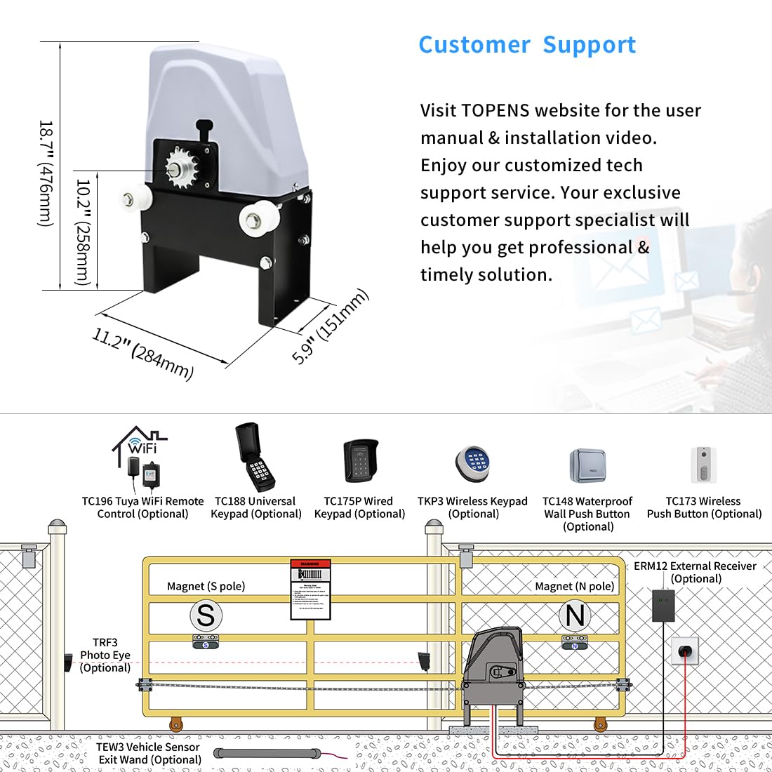 TOPENS CK1100 Automatic Sliding Gate Opener Chain Drive Electric Gate Motor for Heavy Driveway Slide Gate Up to 2800 Pounds, Security Gate Operator AC Powered with 20ft Roller Chain and Remote Control
