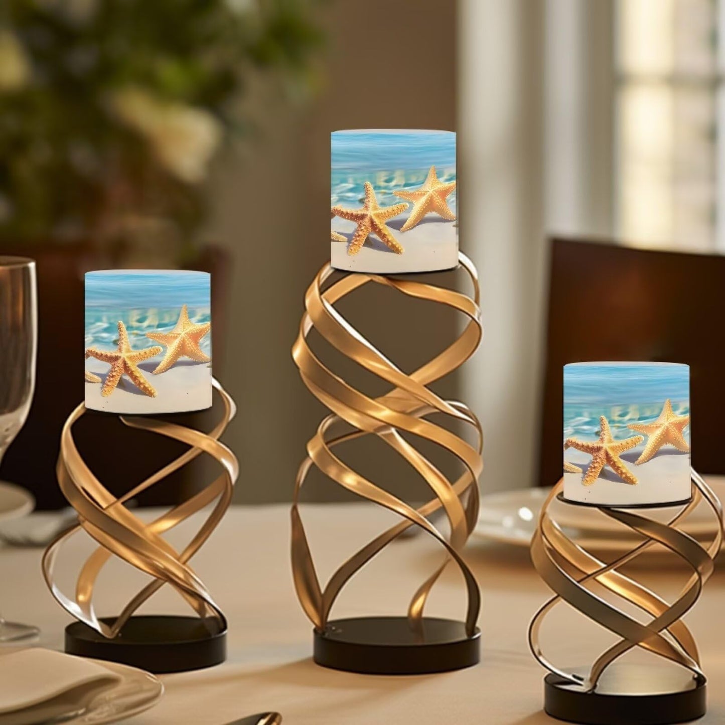 NETILGEN Flameless Candles Set of 4 Blue Beach Starfish Print Home Party Decor Realistic Flickering Flameless Candles with Timer Remote Control Battery Powered LED Candles