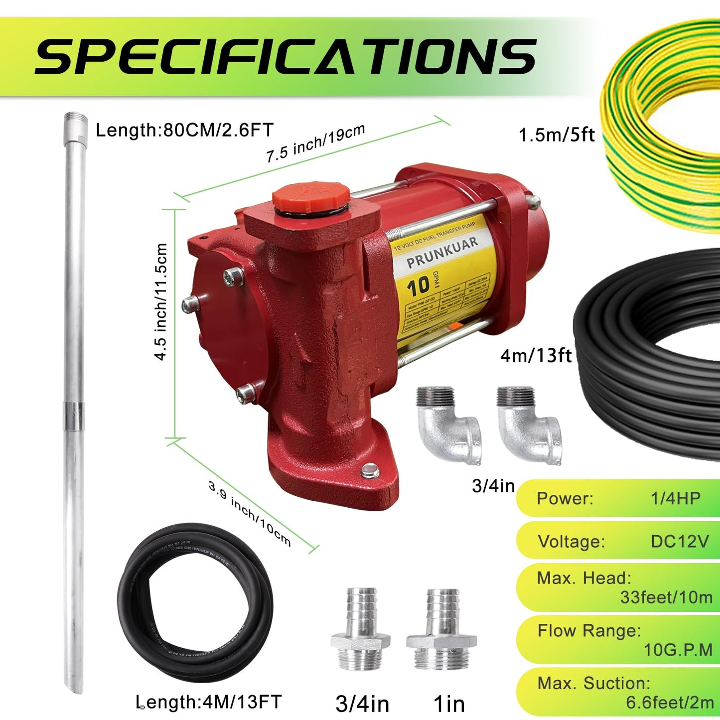 PRUNkuar 10GPM 12V Fuel Transfer Pump with Manual Nozzle, Particulate Filter，Cast Iron Heavy Duty for Gasoline Diesel Kerosene Biodiesel