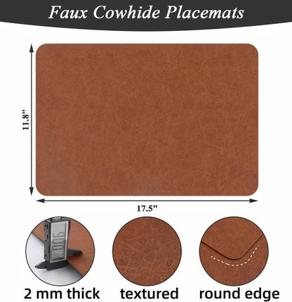 SHACOS Faux Cowhide Leather Placemats Set of 6, Wipeable Heat Resistant Table Mats, Stain Resistant Double Sided Reversible PU Place Mats for Dining Table Kitchen Restaurants, Brown and Blue
